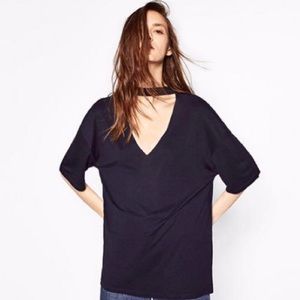 Zara Trafaluc Navy Blue Choker T-Shirt